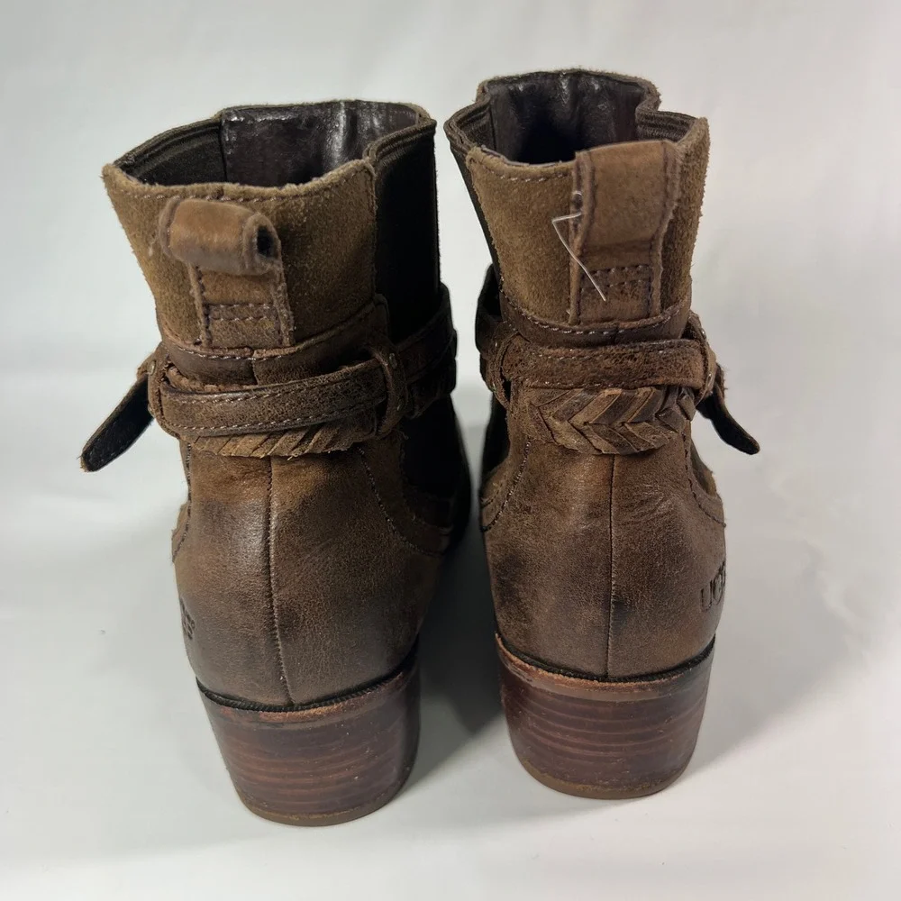 UGG Krewe Ankle Boots Womens 8 Chocolate Brown‎ Leather Moto Harness 1004207